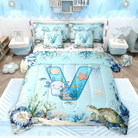 Feelyou Blue Initial V Child Twin Bedding Sets 7pcs, Ocean Axolotl Animal Comforter Set
