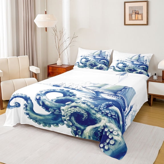Feelyou Blue Ink Octopus Sailboat Lighthouse Full Size Sheets for Men Women, Nautical Ocean Wildlife Bed Sheets, Blue White, 4 Pieces