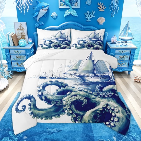 Feelyou Blue Ink Octopus Sailboat Lighthouse Queen Comforter Set for Men Women, Nautical Ocean Wildlife Bedding Comforter Set, Blue White, Reversible, 3 Pieces