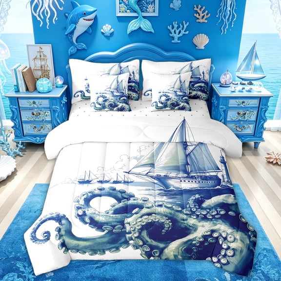 Feelyou Blue Ink Octopus Sailboat Lighthouse Twin Bedding Sets for Men Women, Nautical Ocean Wildlife Bedding Comforter Set, Blue White, Reversible, 7 Pieces