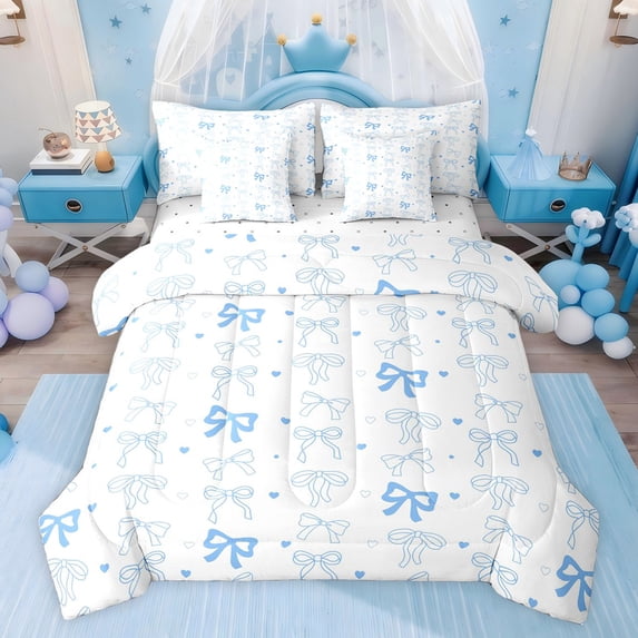 Feelyou Blue Kawaii Bowknot Bedding Comforter Set 7 Pieces, Cute Cartoon Love Heart Full Bedding Set, Teens Kids Girls Women Reversible Fitted Sheet Flat Sheet, Lightweight Room Decor