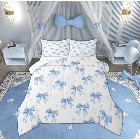 Feelyou Blue Kawaii Ribbon Queen Comforter Set, Cartoon Stars Print Bedding Sets, Teens Boys Girls Kids Reversible Bedding Comforter Set, Breathable Home Decor, 3pcs