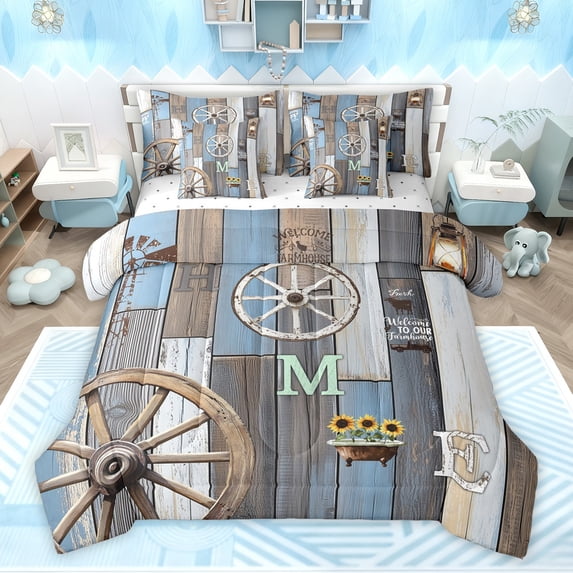 Feelyou Blue Lake House Bedding Comforter Set 7 Pieces for Kids, Rustic Farmhouse Full Bedding Set, Western Wooden Plank Reversible Fitted Sheet Flat Sheet, Ultra Soft Bedroom Decor