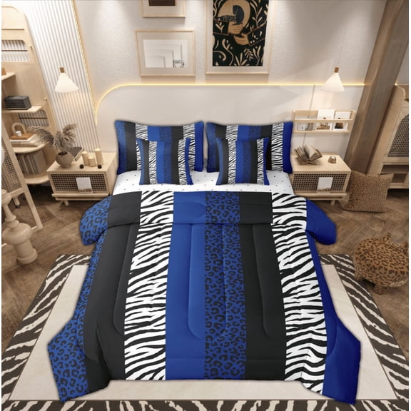 Feelyou Blue Leopard Print Bedding Comforter Set 7 Pieces, Fashion Stripes Abstract Full Bedding Set, Contemporary Style Fitted Sheet Flat Sheet, Super Cozy Room Decor