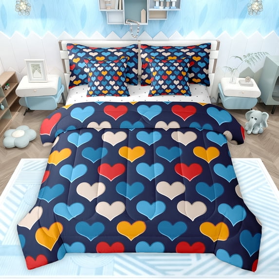 Feelyou Blue Love Heart Bedding Comforter Set 7pcs, Kawaii Cartoon Style Queen Bedding Sets, Teens Kids Boys Girls Reversible Queen Sheet Sets, Super Cozy Room Decor