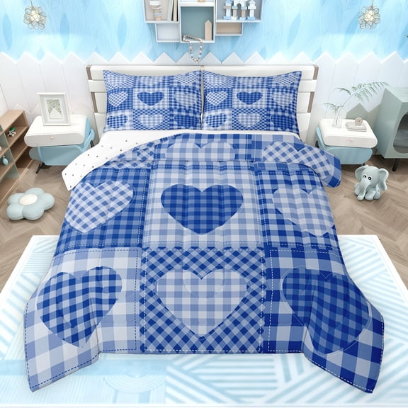 Feelyou Blue Love Heart Bedding Comforter Set for Teens, Cartoon Buffalo Plaid Twin Comforter Sets, Romantic Valentine's Day Reversible Bedding Set, Luxury Bedroom Decor, 2-Piece