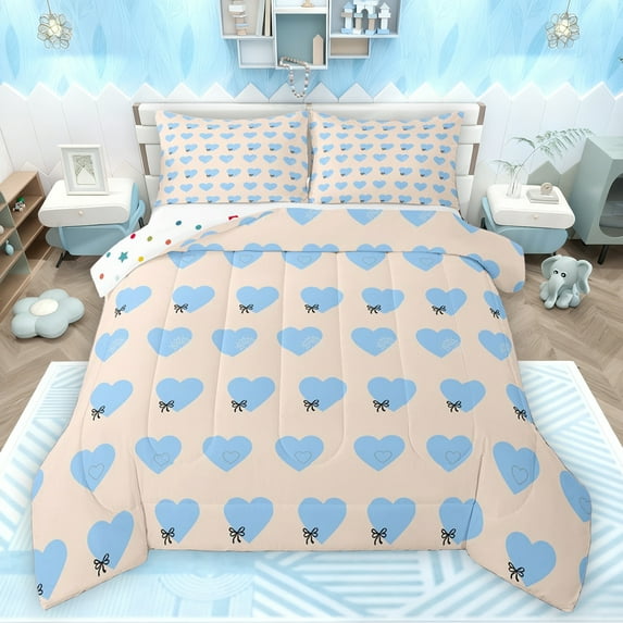 Feelyou Blue Love Heart Queen Comforter Set for Child, Cute Ribbon Bowknot Bedding Sets, Dreamy Princess Bow Reversible Bedding Comforter Set, Super Cozy Room Decor, 3-Piece