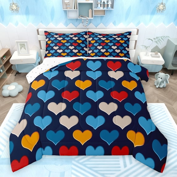 Feelyou Blue Love Heart Queen Comforter Set, Kawaii Cartoon Style Bedding Sets, Teens Kids Boys Girls Reversible Bedding Comforter Set, Super Cozy Room Decor, 3-Piece