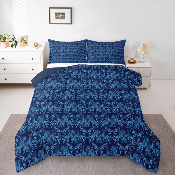 Feelyou Blue Mandala Damask Full Size Comforter Sets, Dragon Animal Bedding Sets, 3pcs