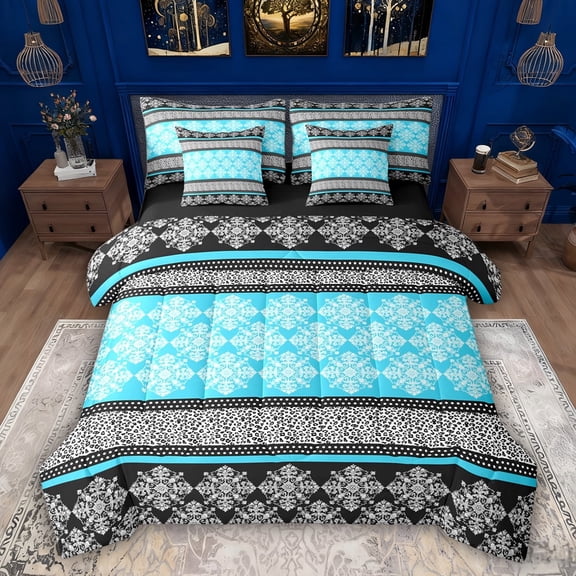 Feelyou Blue Mandala Flower Comforter Set 7pcs, Boho Retro Damask King Bedding Sets