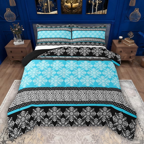 Feelyou Blue Mandala Flower Full Size Comforter Sets, Boho Retro Damask Bedding Sets, 3pcs