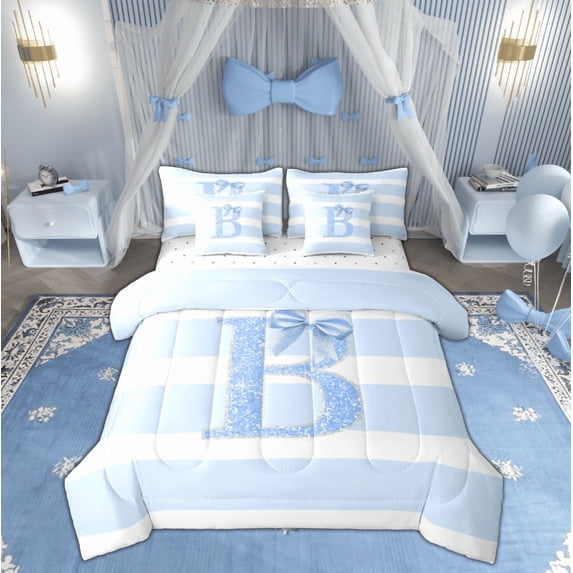 Feelyou Blue Monogrammed B Twin Bedding Sets 7-Piece, Geometric Stripes Bedding Comforter Set, Bowknot Princess Sheet Sets, Lightweight Room Decor