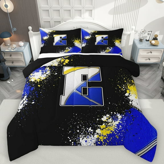 Feelyou Blue Monogrammed E Bedding Comforter Set for Kids, Chic Splatter Splash Twin Comforter Sets, Art Letter Reversible Bedding Set, Lightweight Room Decor, 2-Piece