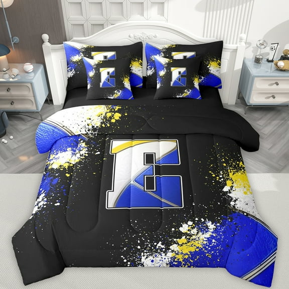 Feelyou Blue Monogrammed E Twin Bedding Sets 7-Piece for Kids, Chic Splatter Splash Bedding Comforter Set, Art Letter Reversible Sheet Sets, Lightweight Room Decor