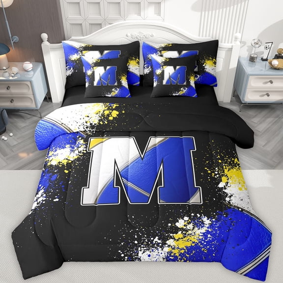 Feelyou Blue Monogrammed M Twin Bedding Sets 7-Piece for Kids, Chic Splatter Splash Bedding Comforter Set, Art Letter Reversible Sheet Sets, Super Cozy Room Decor