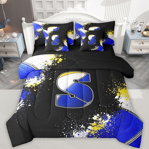 Feelyou Blue Monogrammed S Bedding Comforter Set 7pcs for Kids, Chic Splatter Splash King Bedding Sets, Art Letter Reversible Bed Sheets, Super Cozy Room Decor