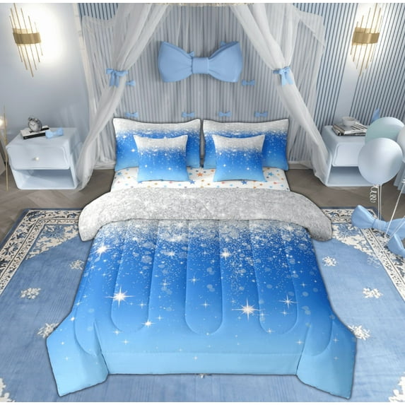 Feelyou Blue Mystic Galaxy Twin Bedding Sets 7-Piece, Fashion Sequin Print Bedding Comforter Set, Bling Cartoon Stars Reversible Sheet Sets, Microfiber Bedroom Decor
