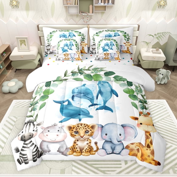 Feelyou Blue Ocean Dolphin 7pcs Kid Bedding Set, Cartoon Hippo Elephant Full Sheet Set