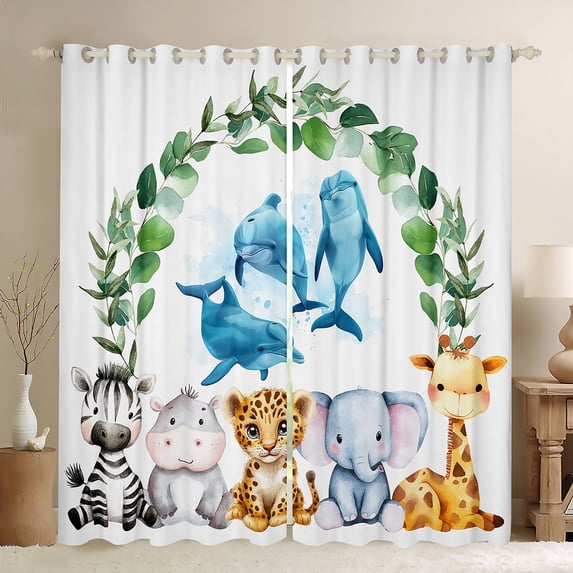 Feelyou Blue Ocean Dolphin Black Out Curtains for Child, Kawaii Hippo Elephant Curtains Pack of 2 (42x63 Each), Jungle Animal Party Bedroom Curtains, Curtains and Drapes Decor