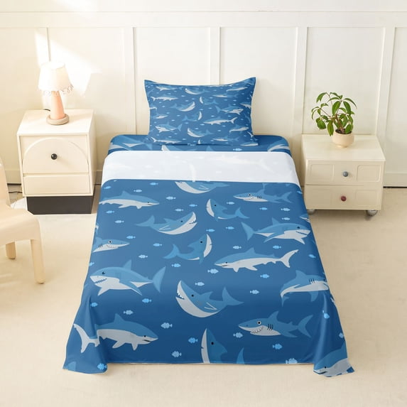 Feelyou Blue Ocean Shark Twin Sheet Sets for Kids Boys, Cartoon Marine Animal Bedding, 3 Pieces