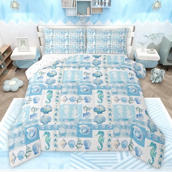 Feelyou Blue Ocean Starfish Twin Comforter Sets, Seahorse Sealife Kid Bedding Set, 2pcs