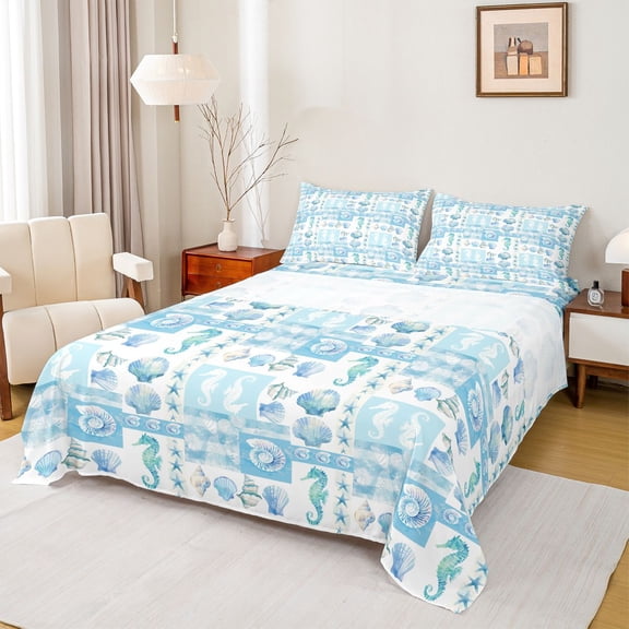 Feelyou Blue Ocean Starfish Twin Sheet Sets, Seahorse Sealife Kid Bedding, 3pcs