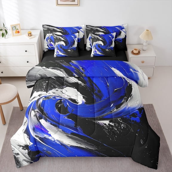 Feelyou Blue Oil Printing Twin Bedding Sets 7-Piece, Modern Fashion Artwork Bedding Comforter Set, Teen Kid Adult Reversible Sheet Sets, Ultra Soft Home Decor