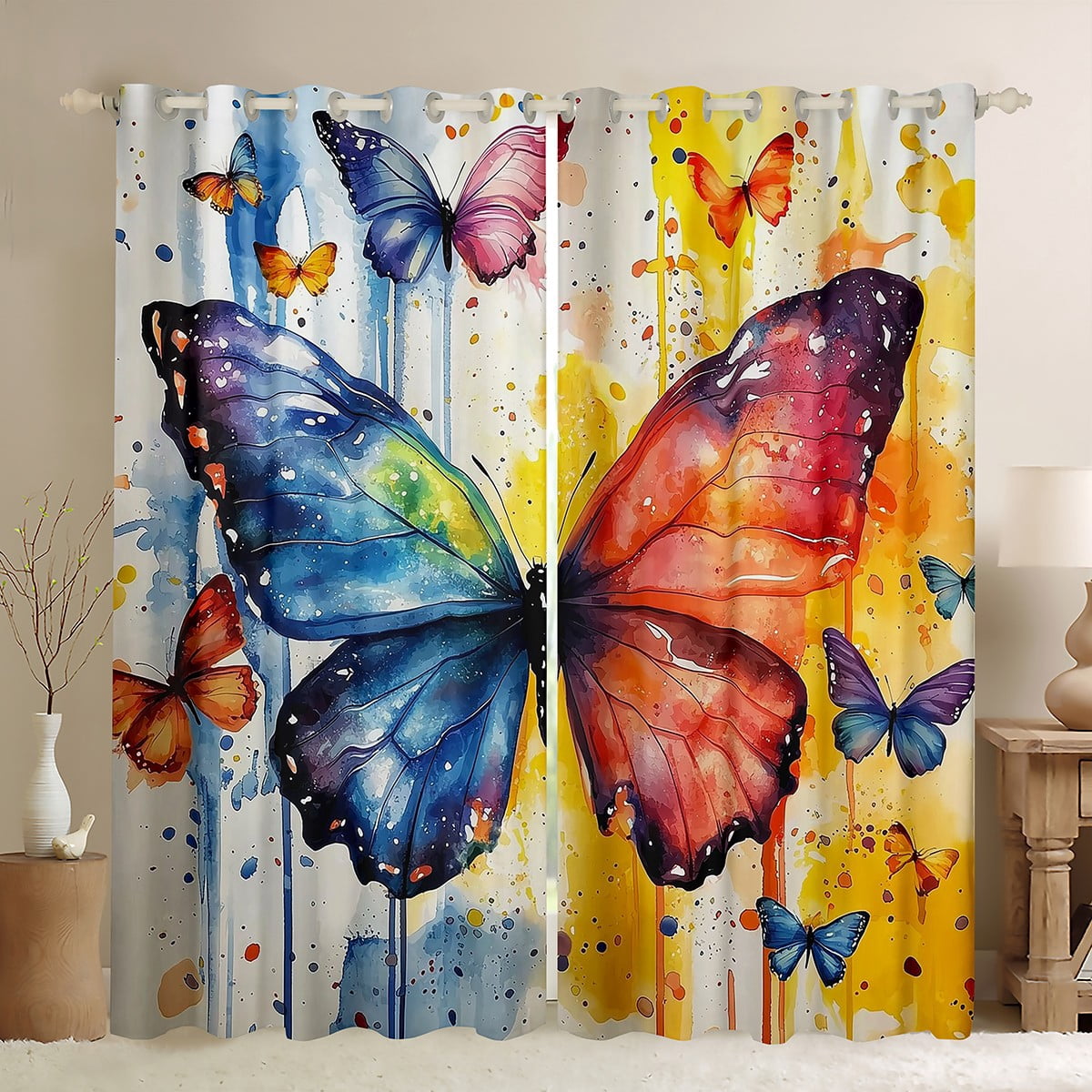 Feelyou Blue Orange Butterfly Curtains Pack of 2 (42x84 Each), Artwork Watercolor Curtains Blackout, Cartoon Animal Bedroom Curtains, Window Curtains Decor