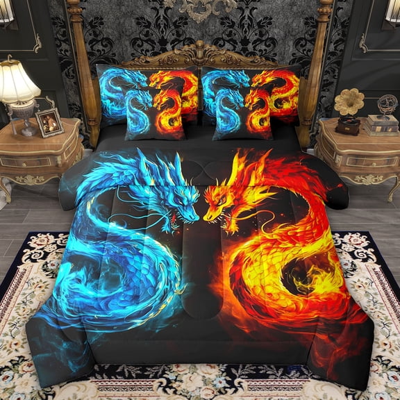 Feelyou Blue Orange Dragon Bedding Comforter Set 7pcs, Magic Animal King Bedding Sets