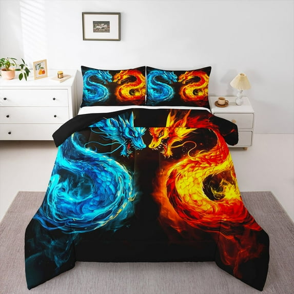 Feelyou Blue Orange Dragon Queen Comforter Set, Cartoon Animal Bedding Comforter Set, 3pcs