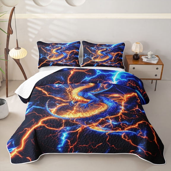 Feelyou Blue Orange Eastern Dragon Quilt Full for Men Women, ThUnderwater Fire Wildlife Full Bedspread Sets, 3 Pieces