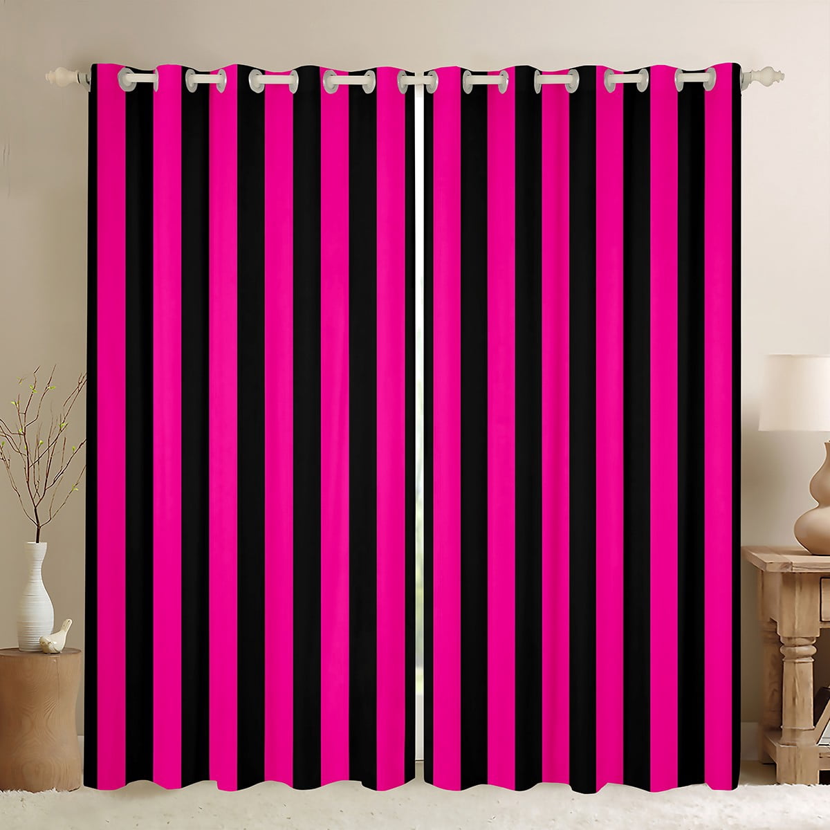 Feelyou Blue Pink Abstract Teens Black Out Curtains, Modern Geometric Lines Curtains Pack of 2 (42x63 Each), Farmhouse Ticking Stripes Bedroom Curtains, Living Room Curtains Decor