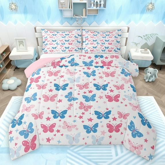 Feelyou Blue Pink Butterfly Bedding Comforter Set for Girl, Dreamy Cartoon Stars Twin Comforter Sets, Kawaii Animal Reversible Bedding Set, Super Cozy Room Decor, 2 Pieces