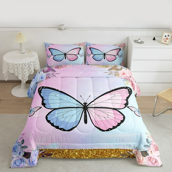 Feelyou Blue Pink Butterfly Queen Comforter Set, Dreamy Cartoon Animal Bedding Sets, Romantic Rose Flower Bedding Comforter Set, Lightweight Room Decor, 3 Pieces