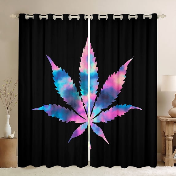 Feelyou Blue Pink Leaf Curtains Pack of 2 (42x84 Each) for Teens, Dreamy Watercolor Plant Curtains Blackout, Cartoon Botanical Bedroom Curtains, Curtains and Drapes Home Decor