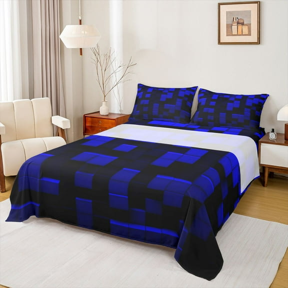 Feelyou Blue Pixelate Miner Bed Sheets, Stereoscopic Square King Sheets, Chic Honeycomb Abstract Sheet Set, Microfiber Bedroom Decor, 4 Pieces