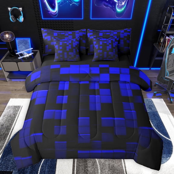 Feelyou Blue Pixelate Miner Bedding Comforter Set 7pcs, Stereoscopic Square King Bedding Sets, Chic Honeycomb Abstract Reversible Bed Sheets, Microfiber Bedroom Decor