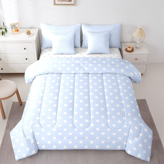 Feelyou Blue Polkados Child Comforter Set 7pcs, Fashion Abstract Cycle Full Bedding Set