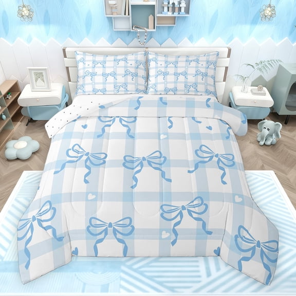 Feelyou Blue Princess Bow-tie Bedding Comforter Set for Kids, Kawaii Love Heart Twin Comforter Sets, Chic Check Buffalo Reversible Bedding Set, Super Cozy Room Decor, 2pcs