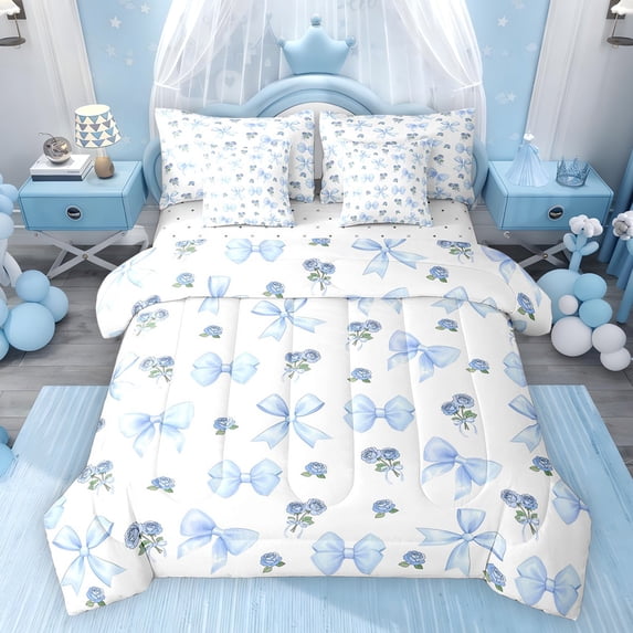 Feelyou Blue Princess Bowknot Comforter Set 7pcs, Fashion Rustic Rose Full Bedding Set