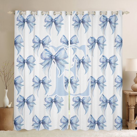 Feelyou Blue Princess Bowknot Curtains Pack of 2 (42x84 Each) for Kids, Initial E Letter Curtains Blackout, Watercolor Ribbon Bedroom Curtains, Living Room Curtains Decor