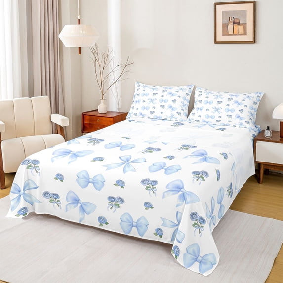Feelyou Blue Princess Bowknot Full Size Sheets, Fashion Rustic Rose Bed Sheets, 4 Pieces