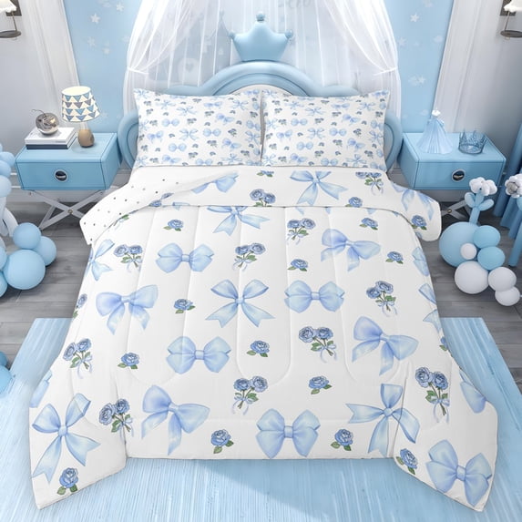 Feelyou Blue Princess Bowknot Queen Comforter Set, Fashion Rustic Rose Bedding Set, 3pcs