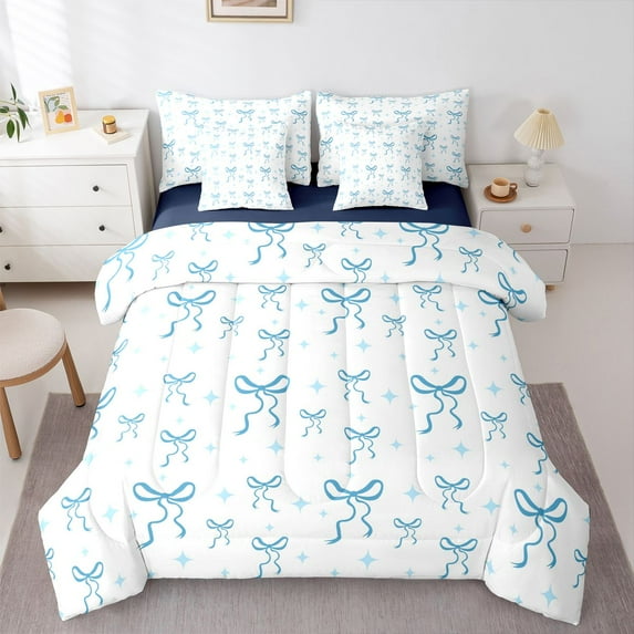 Feelyou Blue Princess Bowknot Twin Bedding Sets 7pcs, Cartoon Ribbon Bedding Comforter Set