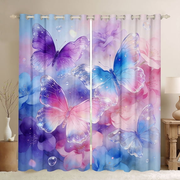 Feelyou Blue Purple Butterfly Black Out Curtains, Animal Curtains Pack of 2 (42x63 Each)