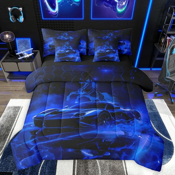 Feelyou Blue Racing Car Twin Bedding Sets 7-Piece for Teens, Rustic Horse Animal Bedding Comforter Set, Chic Honeycomb Abstract Reversible Sheet Sets, Luxury Bedroom Decor