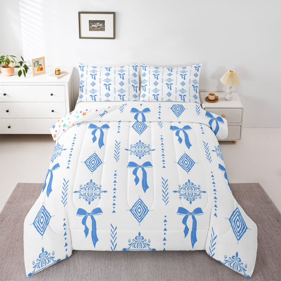 Feelyou Blue Ribbon Bow Queen Comforter Set, Mandala Aztec Abstract Bedding Set, 3pcs