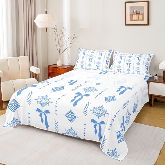 Feelyou Blue Ribbon Bow Queen Sheet Sets, Mandala Aztec Abstract Bed Set, 4pcs