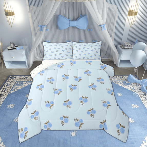Feelyou Blue Rustic Flower Bedding Comforter Set for Kid, Cartoon Rose Floral Twin Comforter Sets, Princess Style Reversible Bedding Set, Super Cozy Room Decor, 2 Pieces