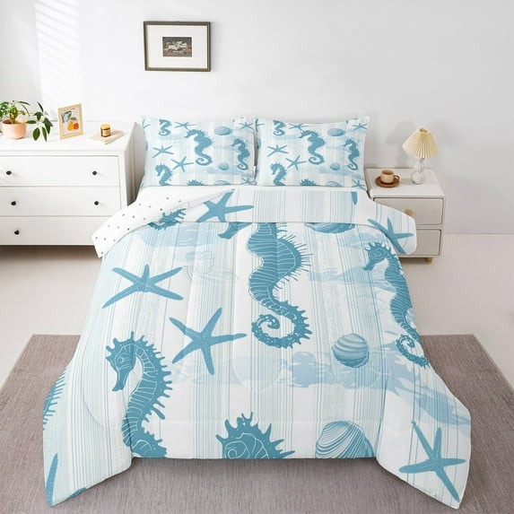 Feelyou Blue Seahorse Print Bedding Comforter Set, Cartoon Starfish ...